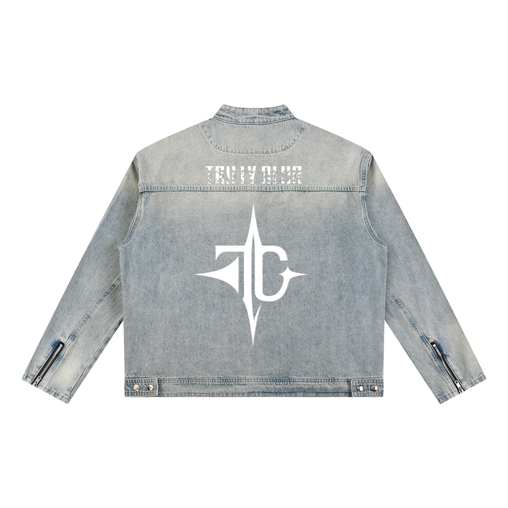 Vintage Wash Zip Denim Jacket back view — TRILLY CLUB streetwear