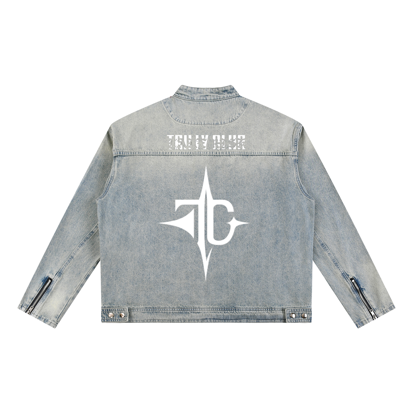Vintage Wash Zip Denim Jacket back view — TRILLY CLUB streetwear