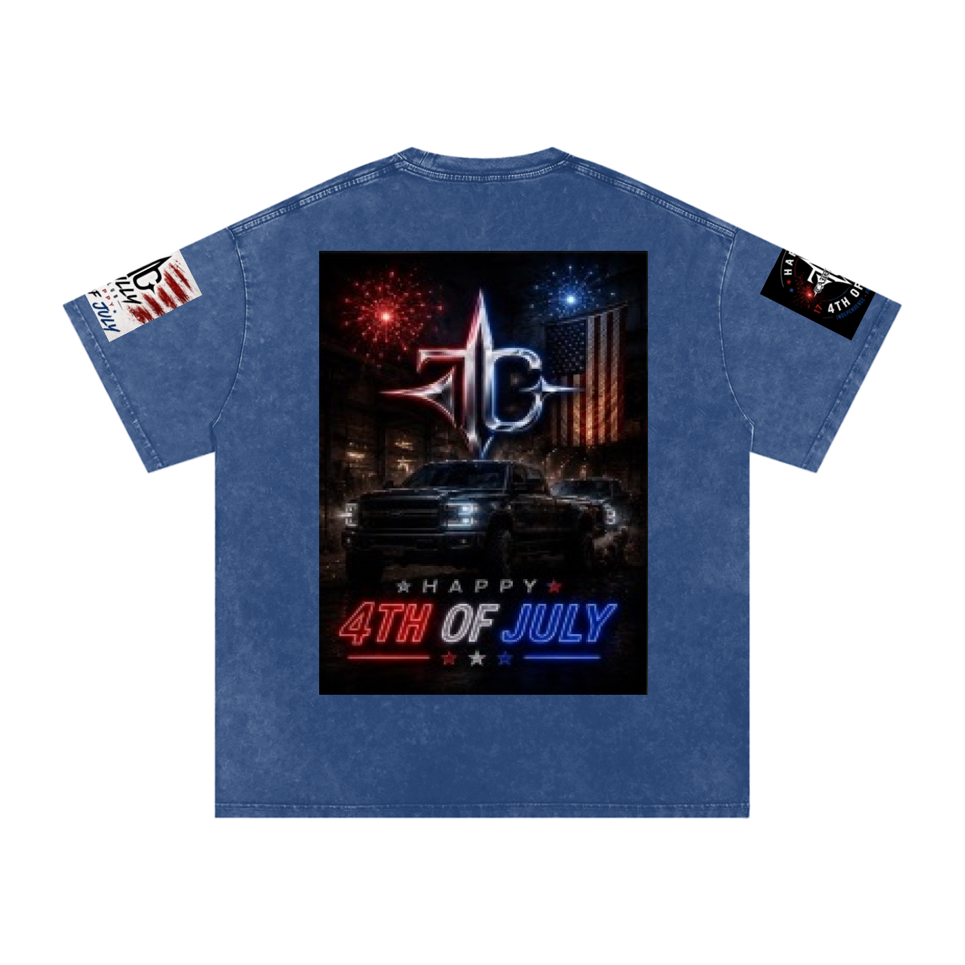 TRILLY CLUB 4th of July Americana muscle-car back-print snow-wash tee — Black colorway