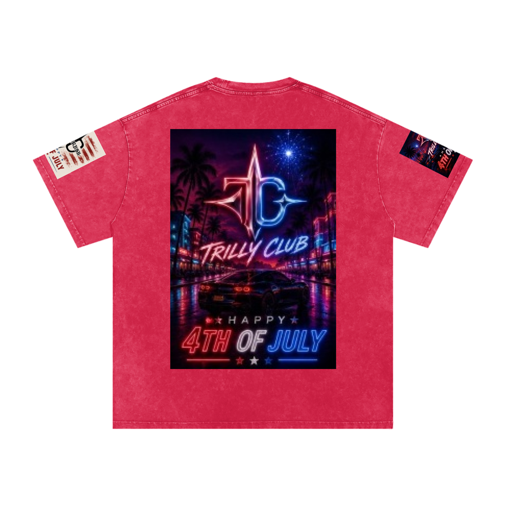 TRILLY CLUB 4th of July neon-skyline back-print snow-wash oversized graphic tee — model wear
