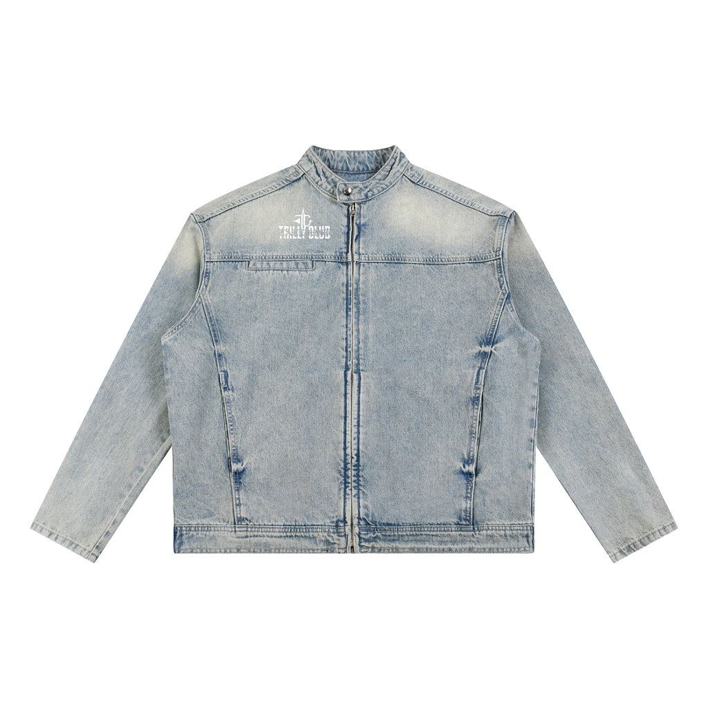 Vintage Wash Zip Denim Jacket front view — TRILLY CLUB streetwear