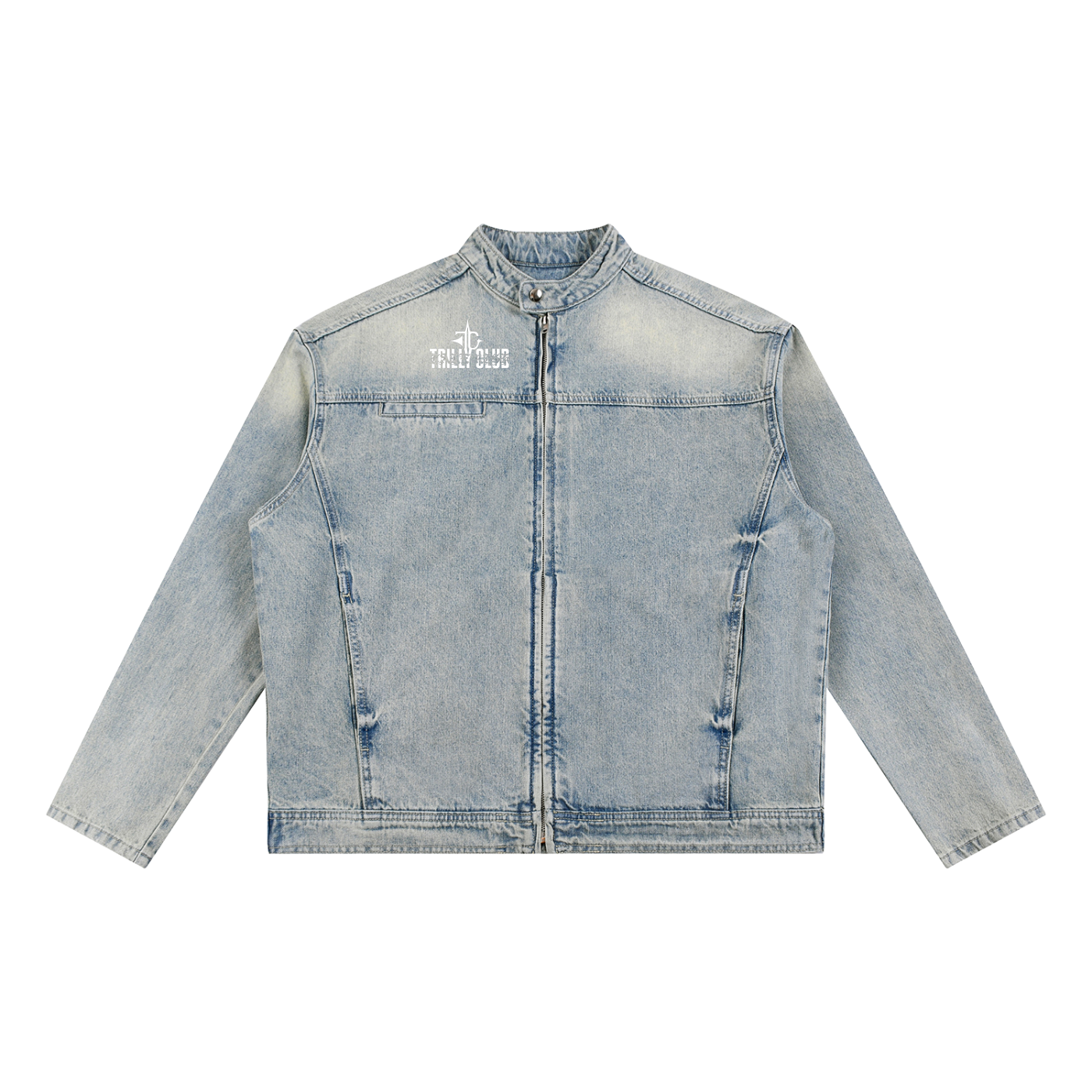 Vintage Wash Zip Denim Jacket front view — TRILLY CLUB streetwear