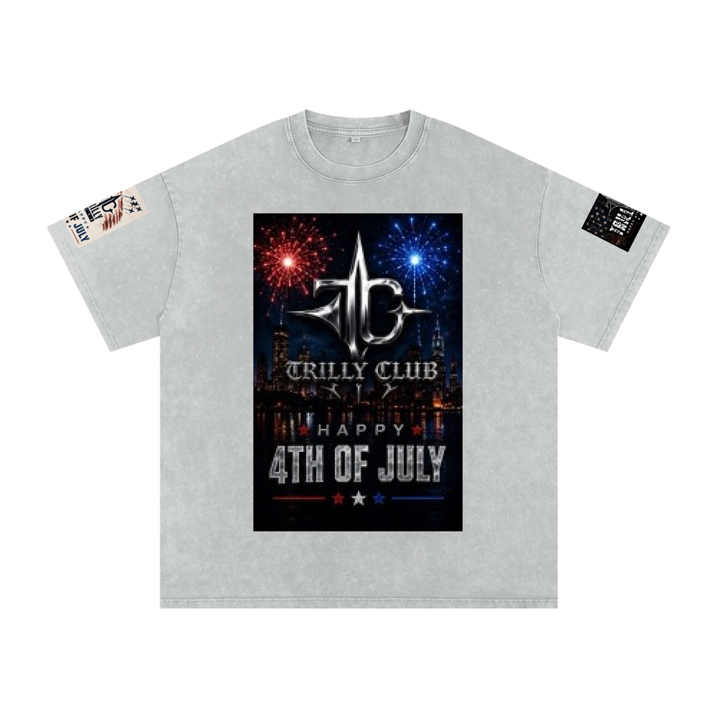 TRILLY CLUB 4th of July City Skyline fireworks snow-wash oversized graphic tee — print detail
