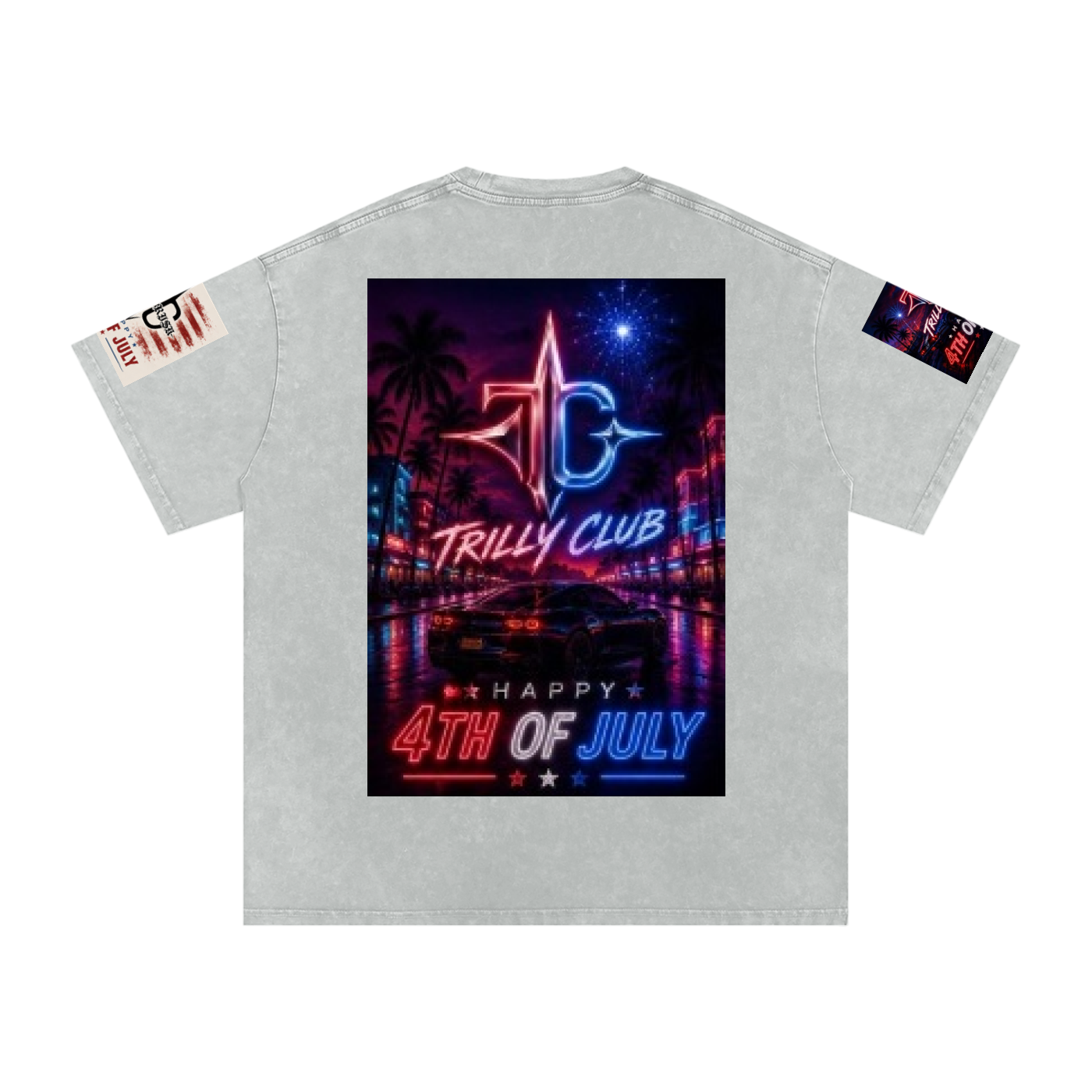 TRILLY CLUB 4th of July neon-skyline back-print snow-wash oversized tee — Dark Blue colorway