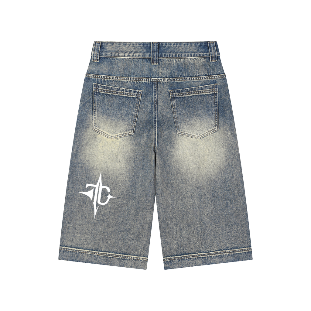Vintage Wash Baggy Denim Shorts back view — TRILLY CLUB streetwear
