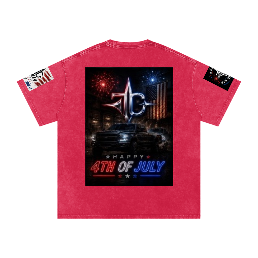 TRILLY CLUB 4th of July Americana muscle-car back-print snow-wash oversized tee — model wear
