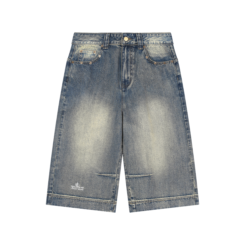 Vintage Wash Baggy Denim Shorts front view — TRILLY CLUB streetwear