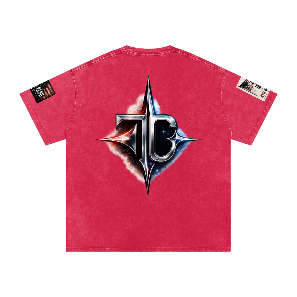 TRILLY CLUB 4th of July City Skyline fireworks snow-wash oversized graphic tee — model wear