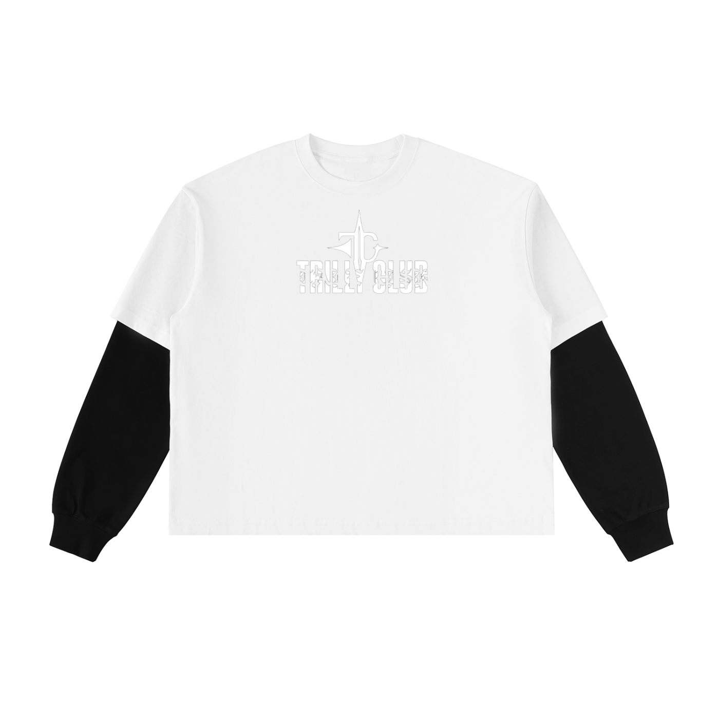 Layered Contrast Sleeve Cotton T-Shirt detail view — TRILLY CLUB streetwear