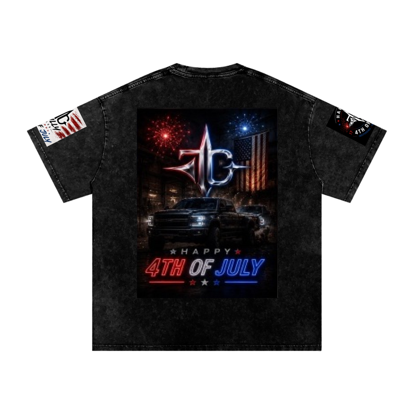 TRILLY CLUB 4th of July Americana muscle-car back-print snow-wash oversized tee — back view