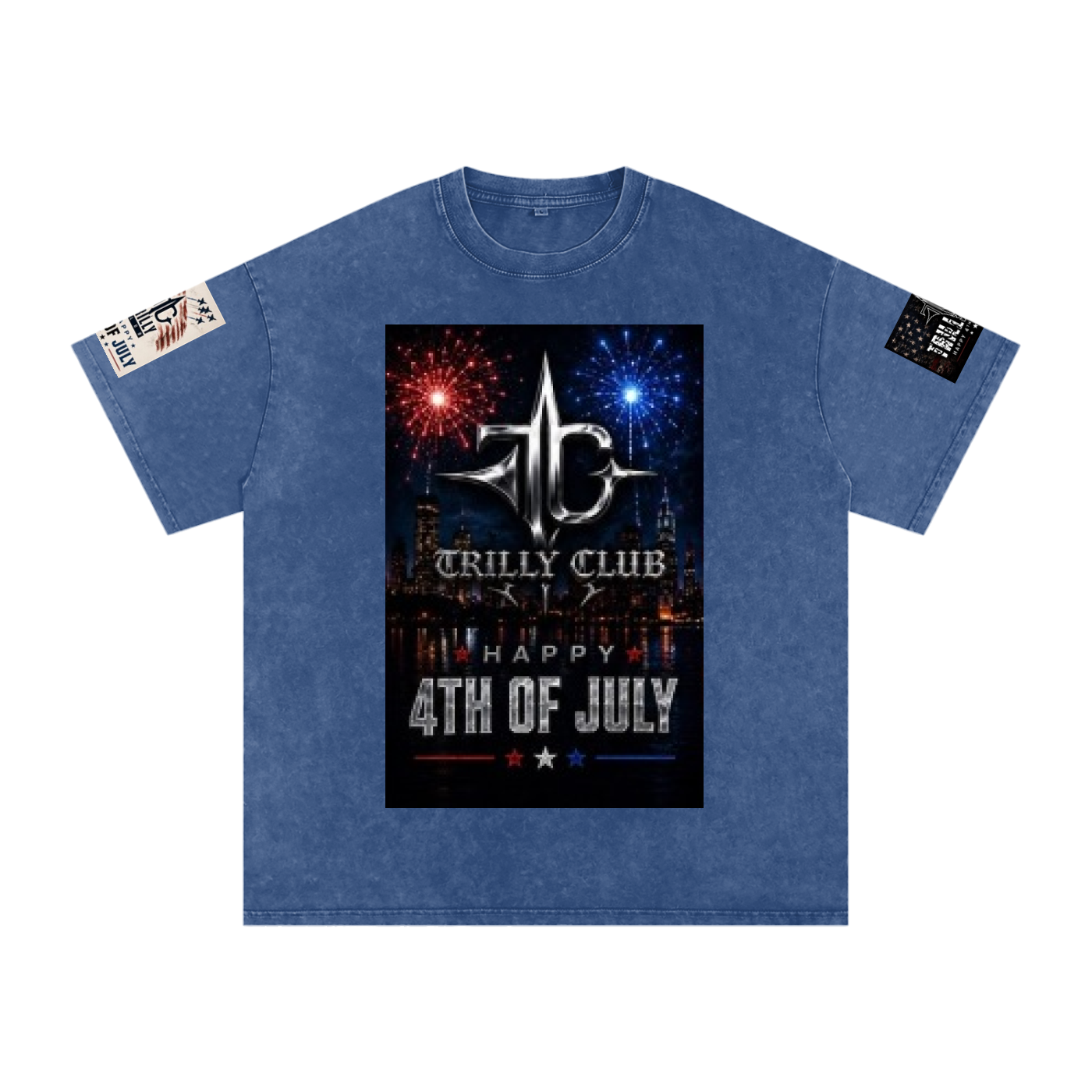TRILLY CLUB 4th of July City Skyline fireworks snow-wash oversized tee — Light Gray colorway