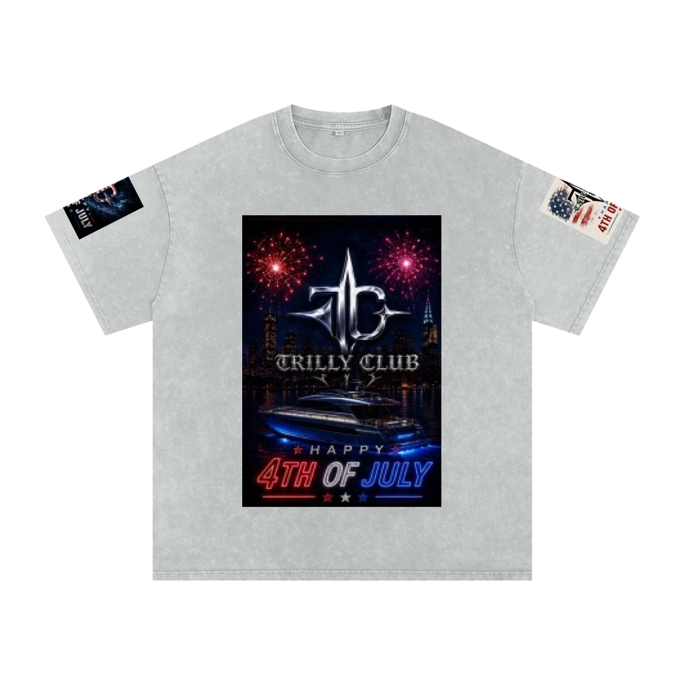 TRILLY CLUB 4th of July Harbor Lights fireworks snow-wash oversized graphic tee — print detail