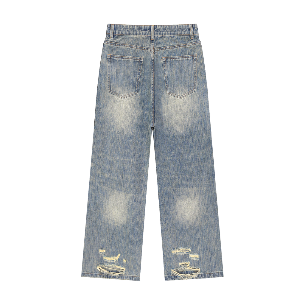 Distressed denim jeans back pocket detail