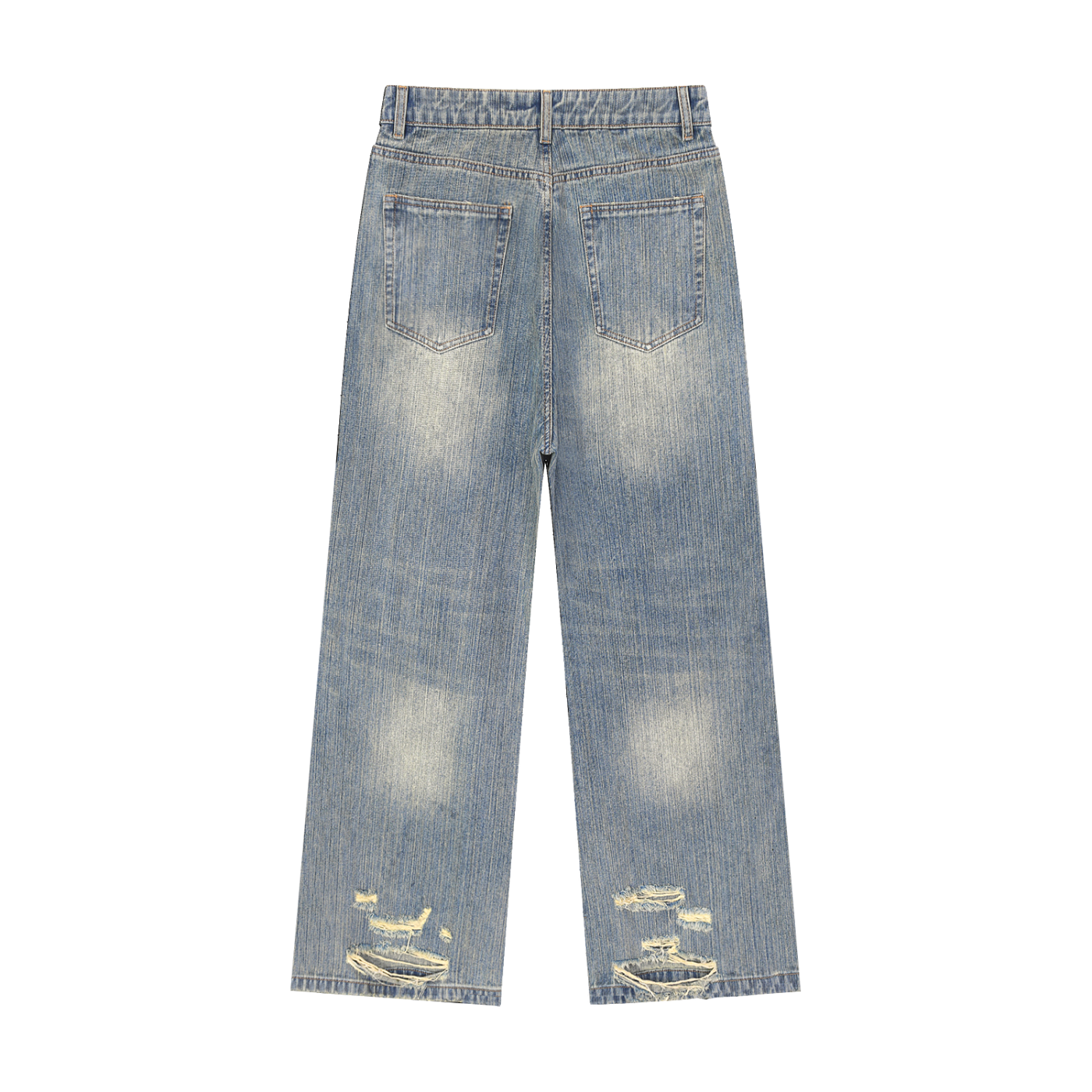 Distressed denim jeans back pocket detail