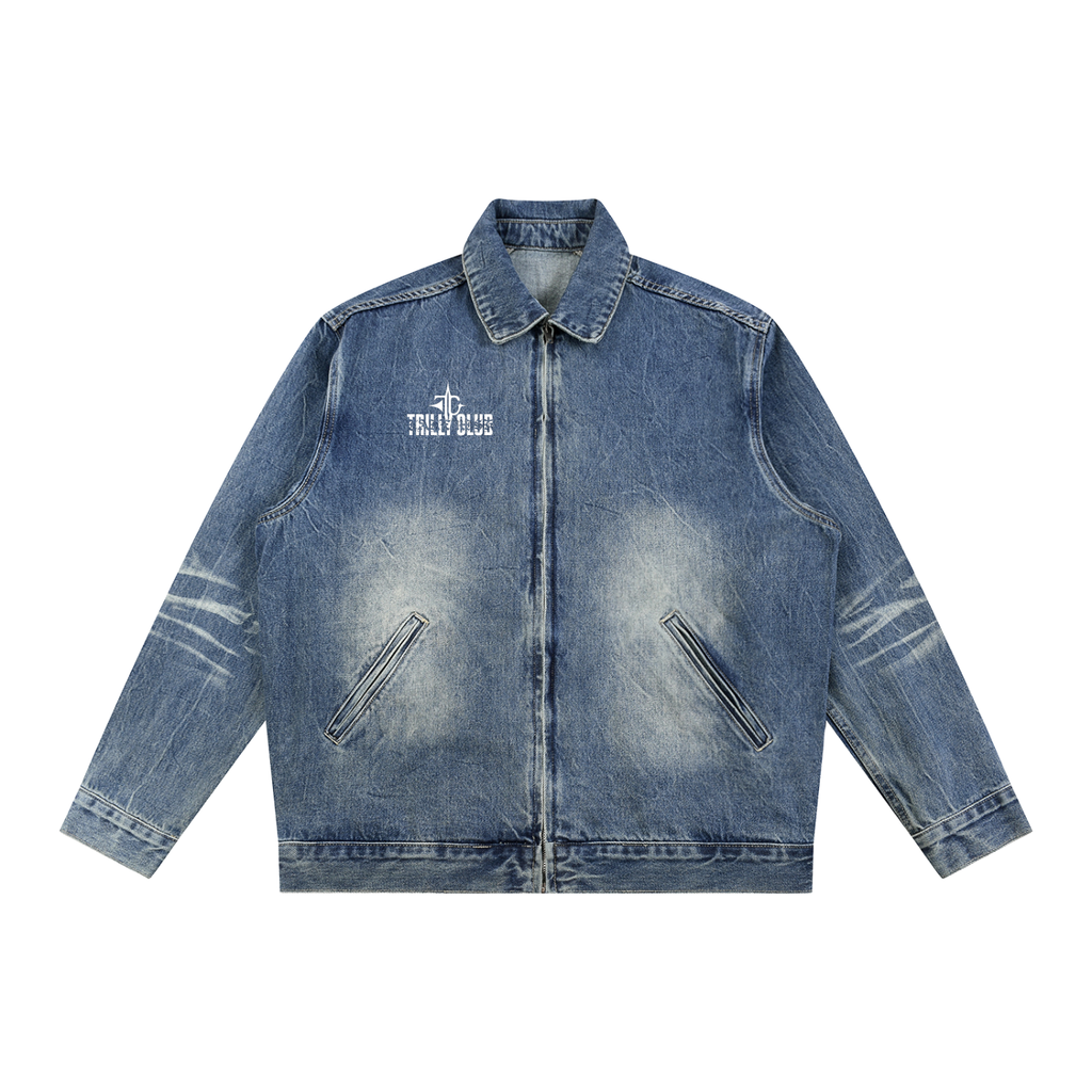 Vintage Wash Zip Up Denim Jacket front view — TRILLY CLUB streetwear