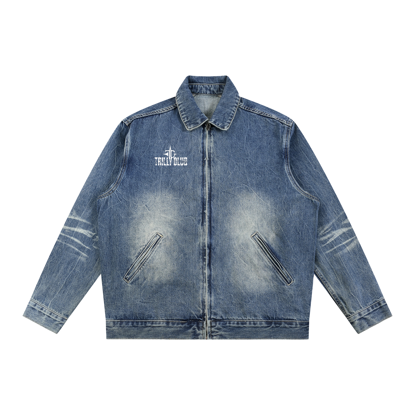 Vintage Wash Zip Up Denim Jacket front view — TRILLY CLUB streetwear