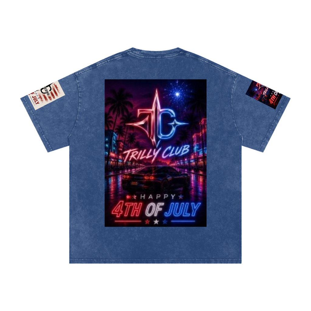 TRILLY CLUB 4th of July neon-skyline back-print snow-wash oversized tee — Black colorway