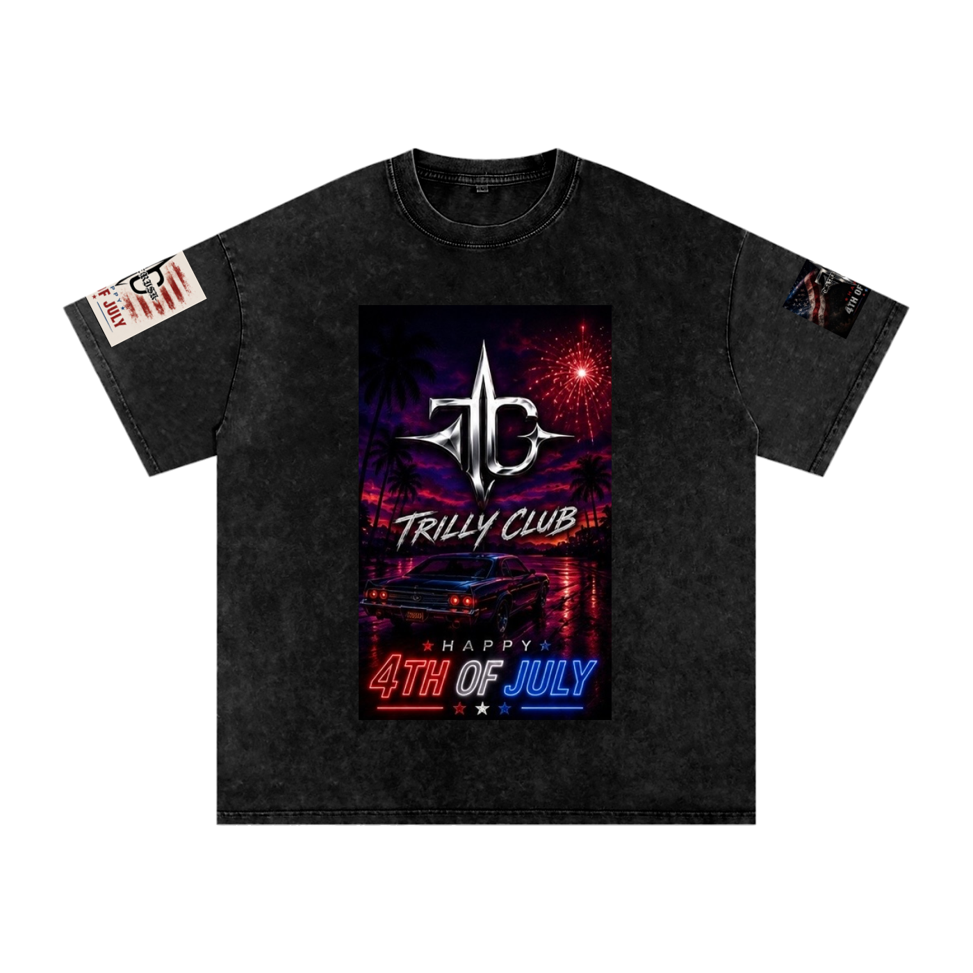TRILLY CLUB 4th of July Sunset Strip fireworks snow-wash oversized graphic tee — front view