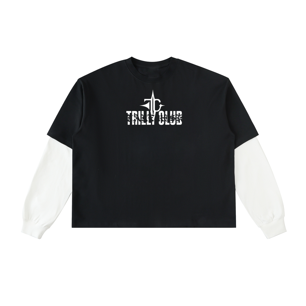 Layered Contrast Sleeve Cotton T-Shirt front view — TRILLY CLUB streetwear