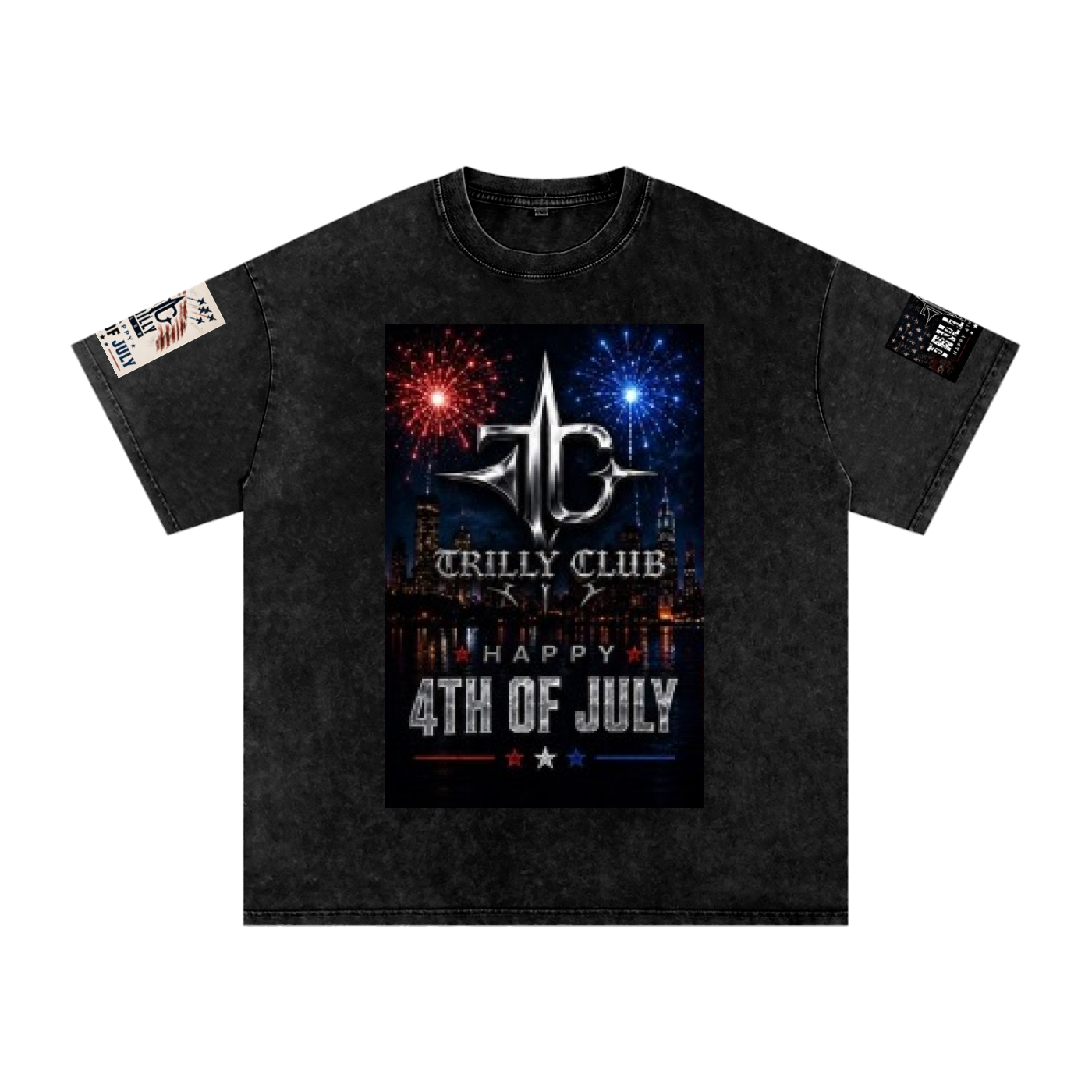 TRILLY CLUB 4th of July City Skyline fireworks snow-wash oversized graphic tee — front view