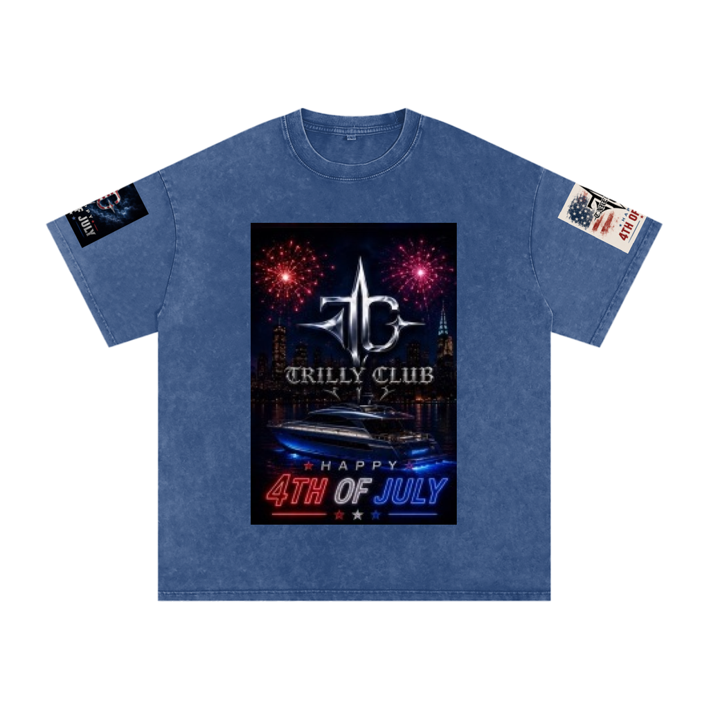 TRILLY CLUB 4th of July Harbor Lights fireworks snow-wash oversized tee — Light Gray colorway