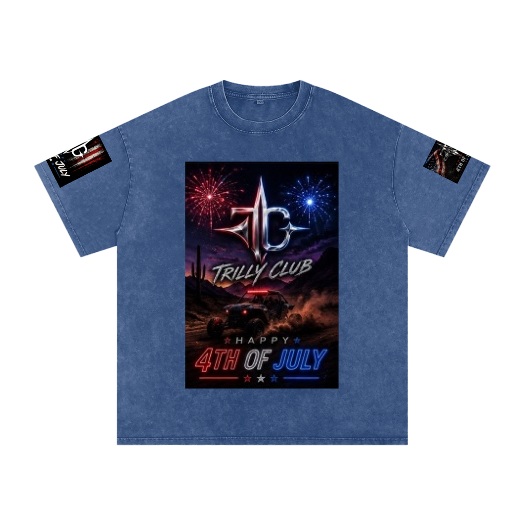 TRILLY CLUB 4th of July Desert Run fireworks snow-wash oversized tee — Light Gray colorway
