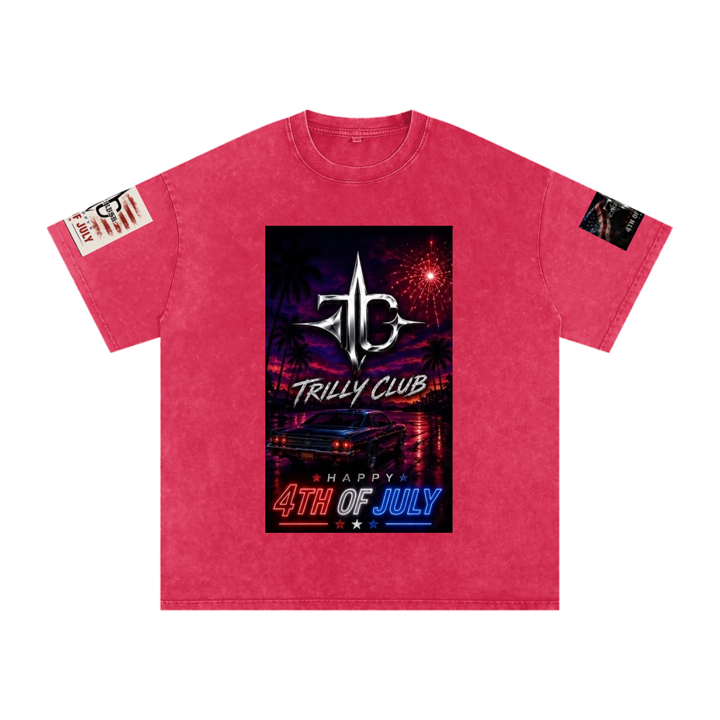 TRILLY CLUB 4th of July Sunset Strip fireworks snow-wash oversized tee — Dark Red colorway
