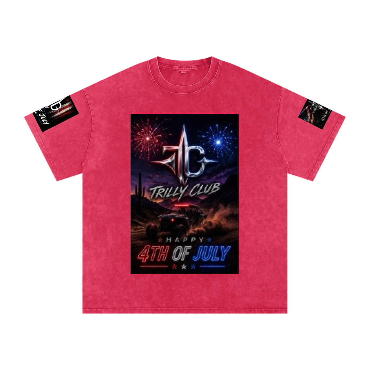 TRILLY CLUB 4th of July Desert Run fireworks snow-wash oversized tee — Dark Red colorway