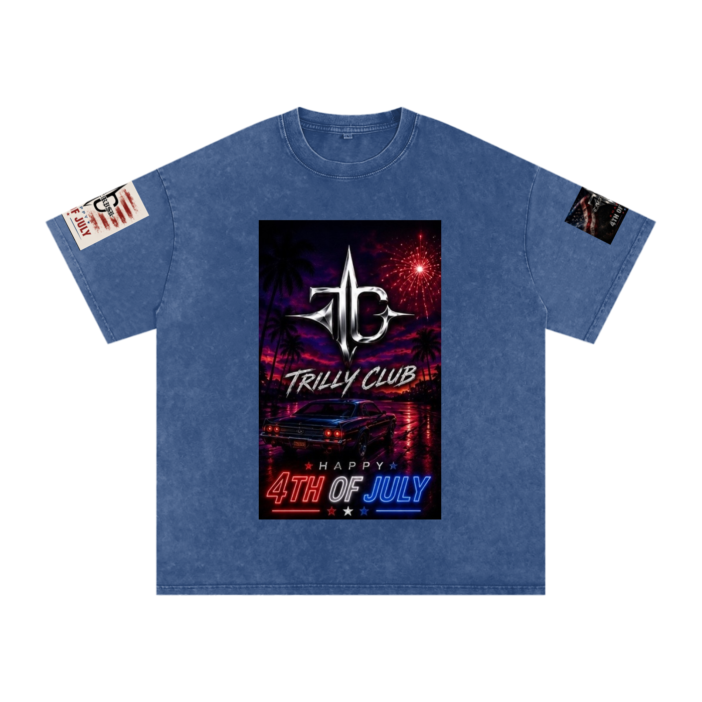 TRILLY CLUB 4th of July Sunset Strip fireworks snow-wash oversized tee — Light Gray colorway