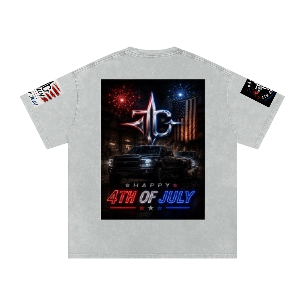 TRILLY CLUB 4th of July Americana muscle-car back-print snow-wash tee — Dark Blue colorway