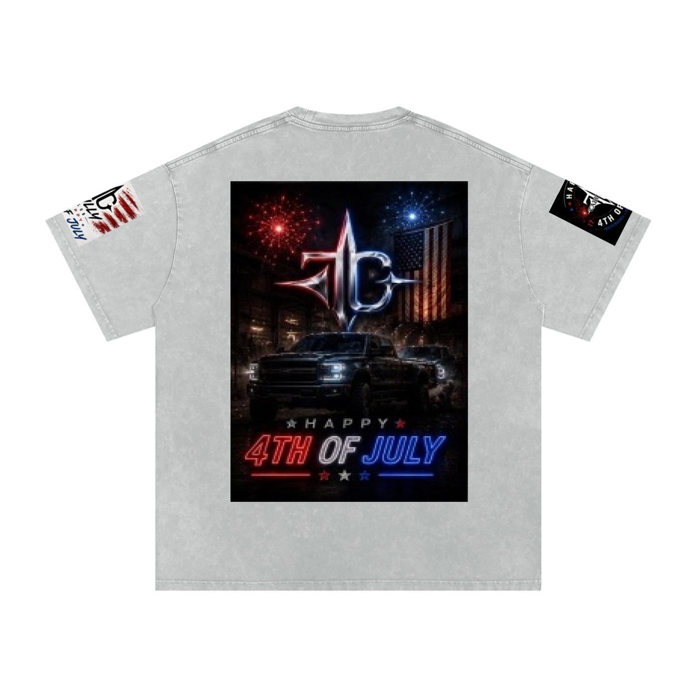 TRILLY CLUB 4th of July Americana muscle-car back-print snow-wash tee — Dark Blue colorway