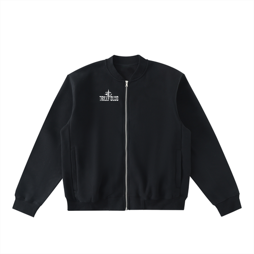 Essential Zip-Up Fleeced Varsity Jacket front view — TRILLY CLUB streetwear