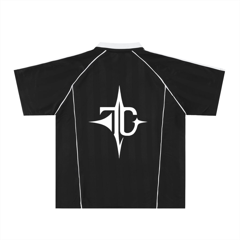 Shadow Stripe Collared Soccer Jersey back view — TRILLY CLUB streetwear