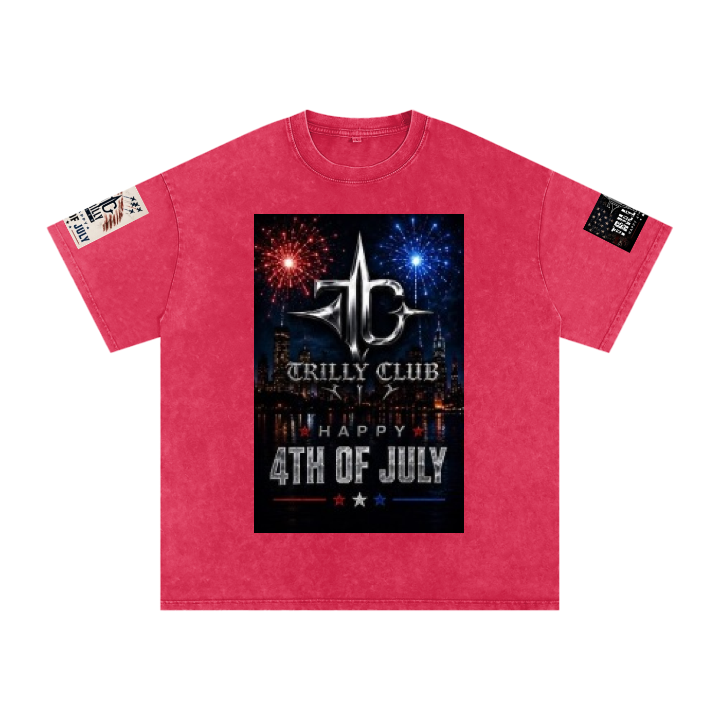TRILLY CLUB 4th of July City Skyline fireworks snow-wash oversized tee — Dark Red colorway