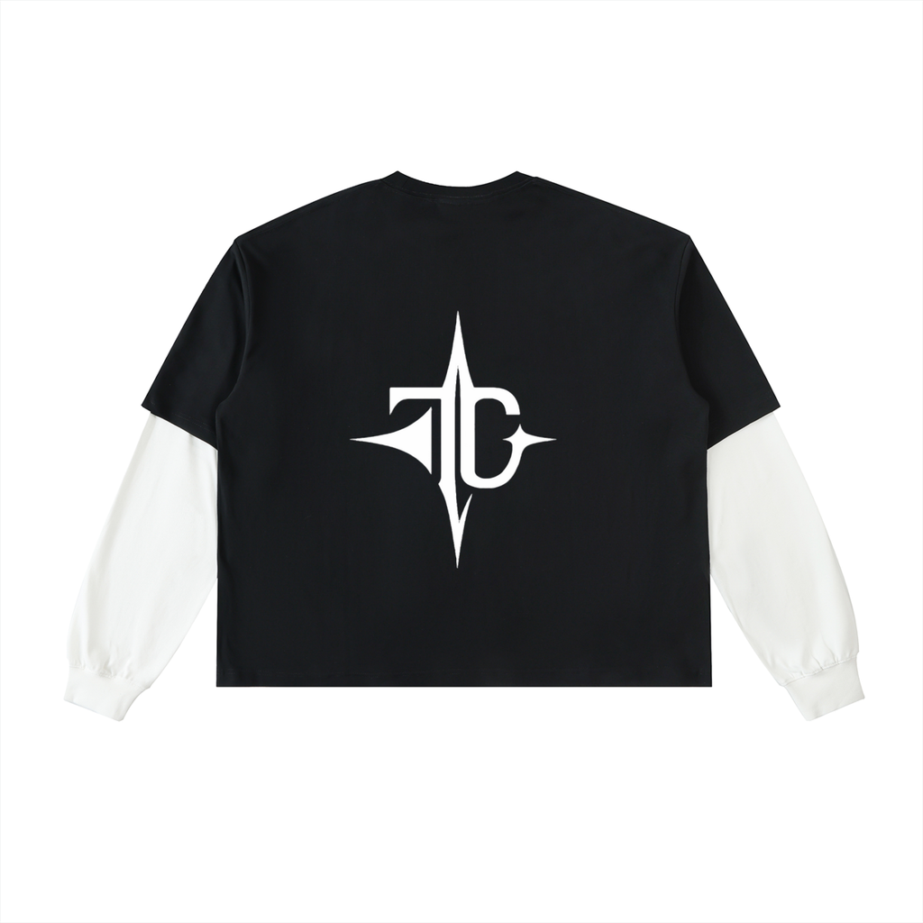 Layered Contrast Sleeve Cotton T-Shirt back view — TRILLY CLUB streetwear