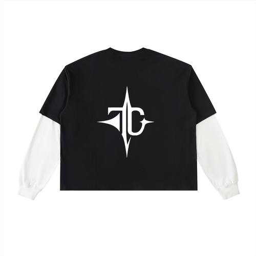 Layered Contrast Sleeve Cotton T-Shirt back view — TRILLY CLUB streetwear