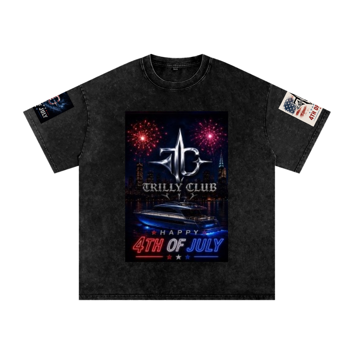 TRILLY CLUB 4th of July Harbor Lights fireworks snow-wash oversized graphic tee — front view