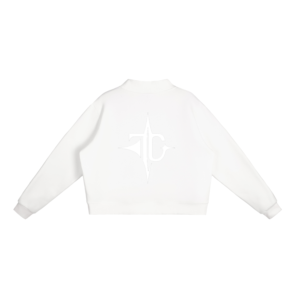 Essential Fleece Mock-Neck Crew Sweatshirt fit view — TRILLY CLUB streetwear