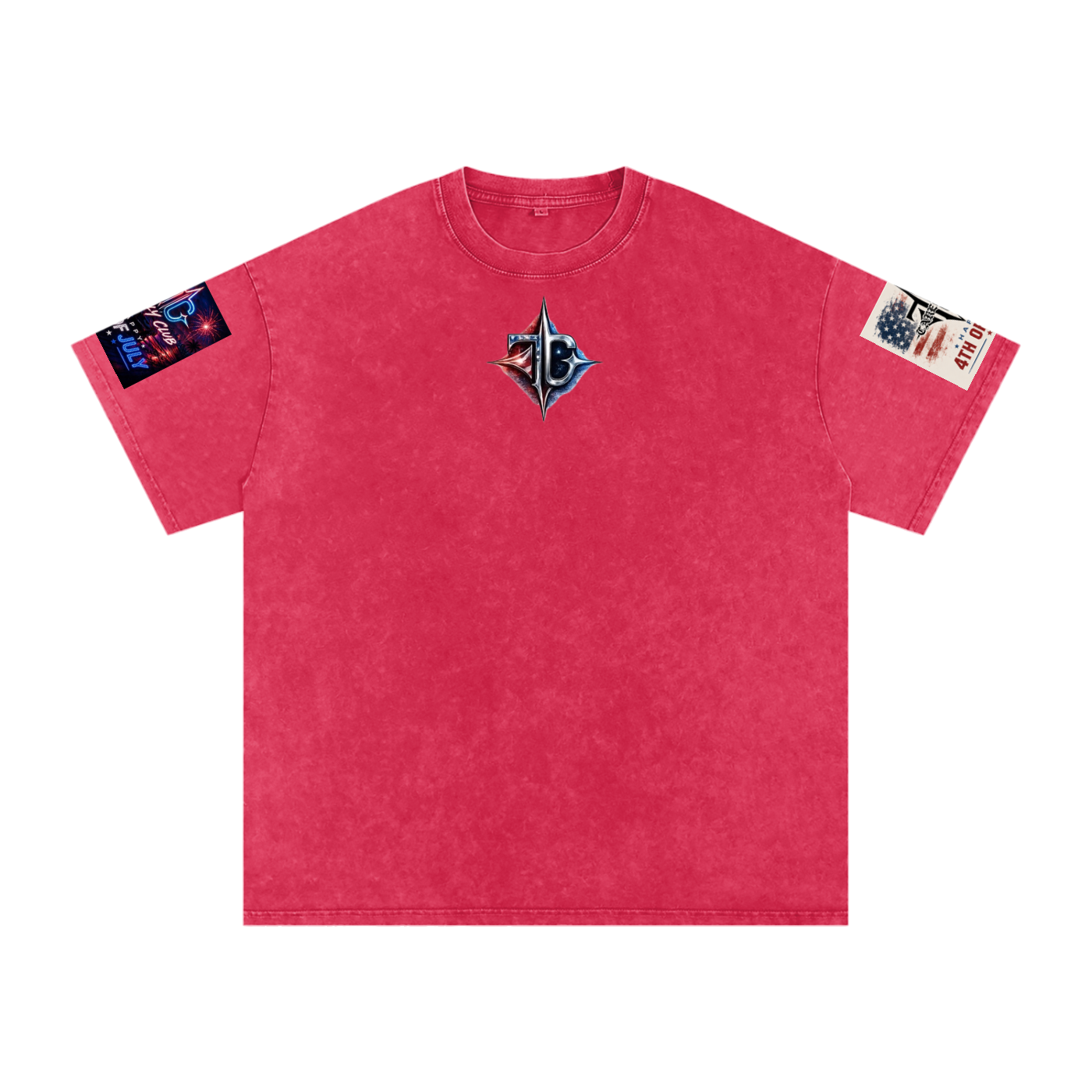 TRILLY CLUB 4th of July neon-skyline back-print snow-wash oversized tee — Dark Red colorway