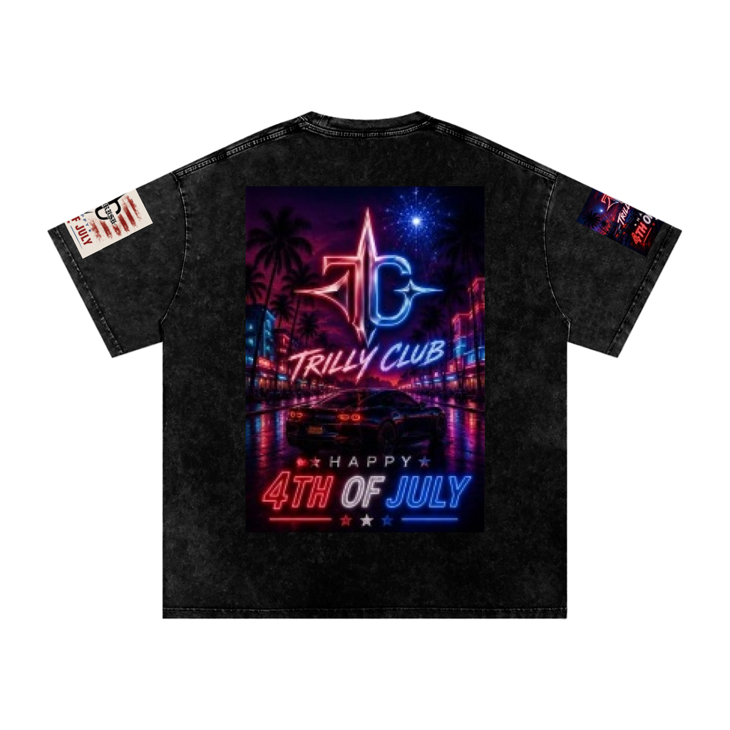 TRILLY CLUB 4th of July neon-skyline back-print snow-wash oversized graphic tee — back view