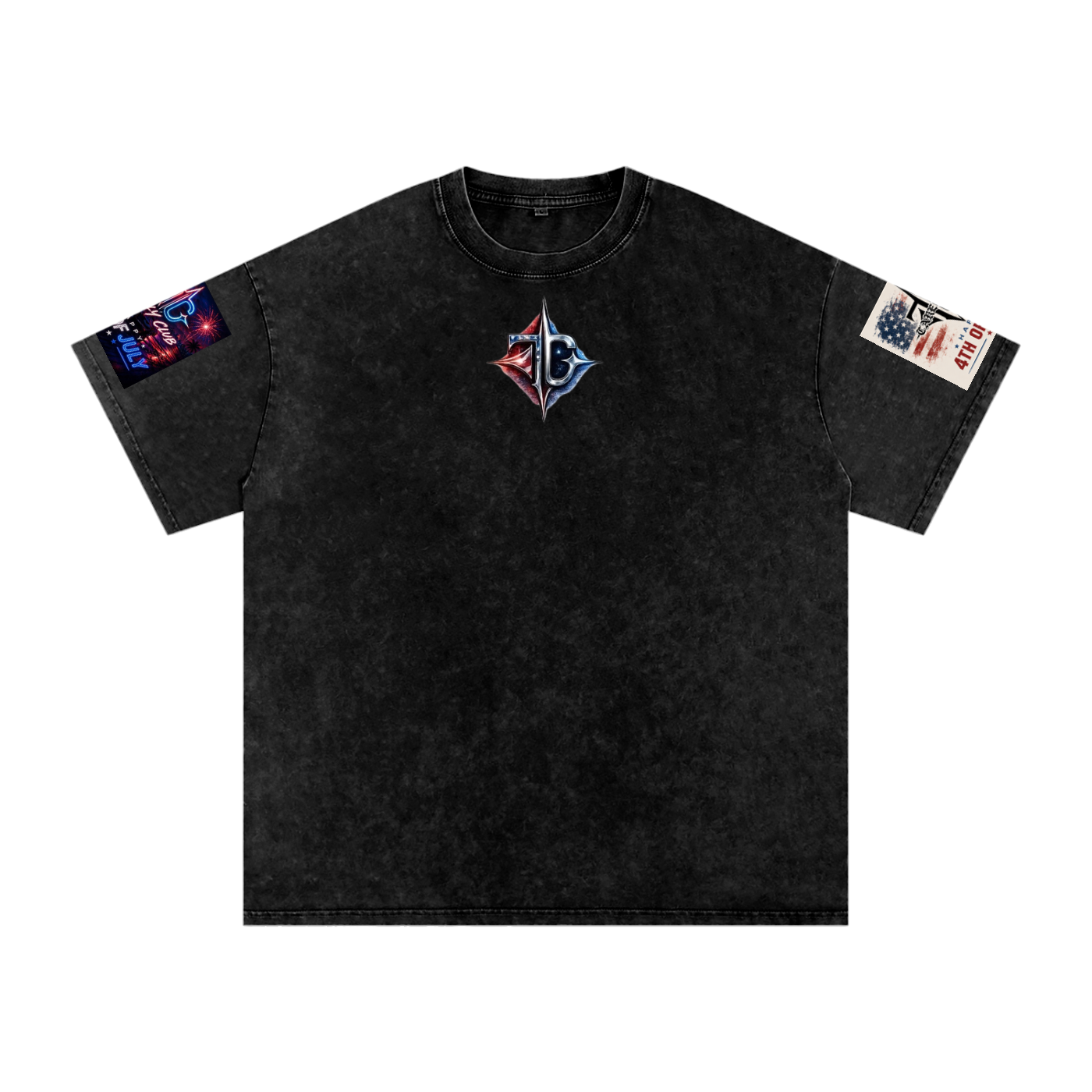 TRILLY CLUB 4th of July neon-skyline back-print snow-wash oversized graphic tee — front view