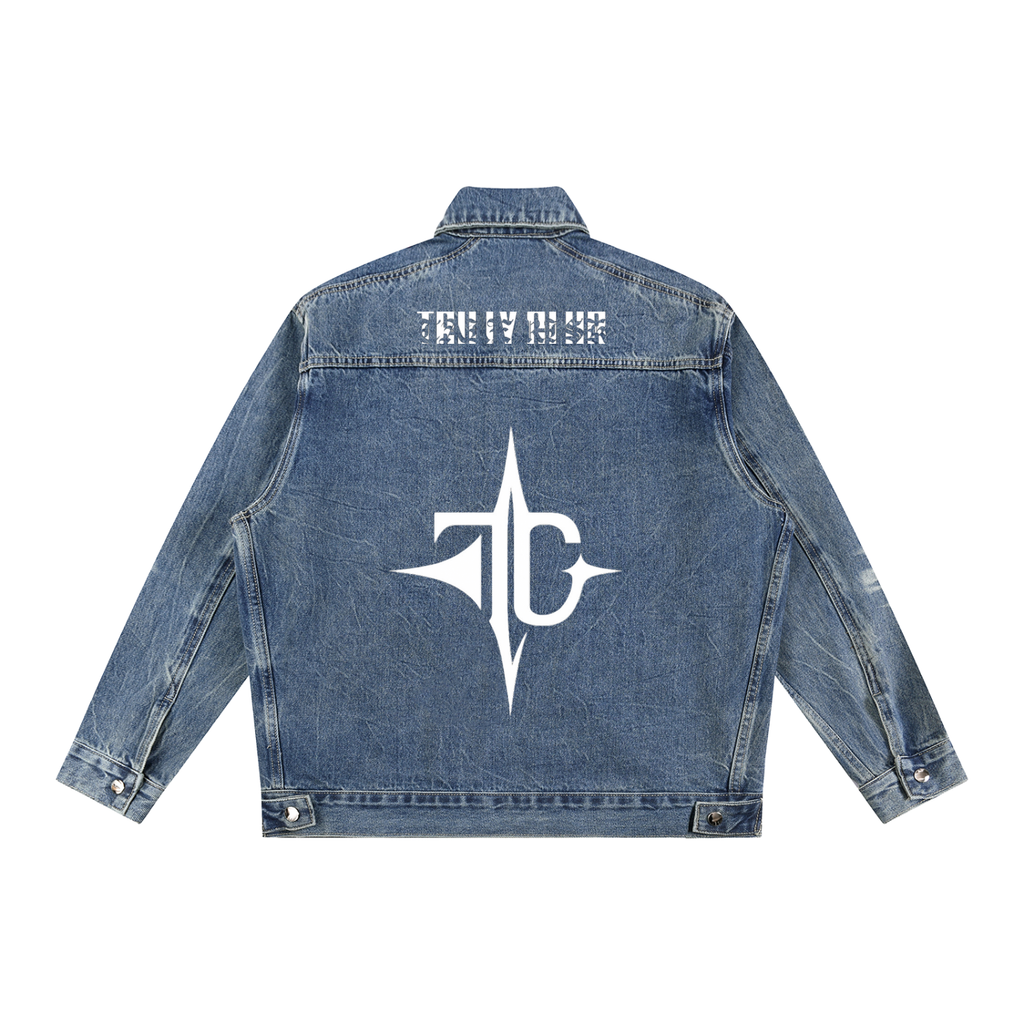 Vintage Wash Zip Up Denim Jacket back view — TRILLY CLUB streetwear