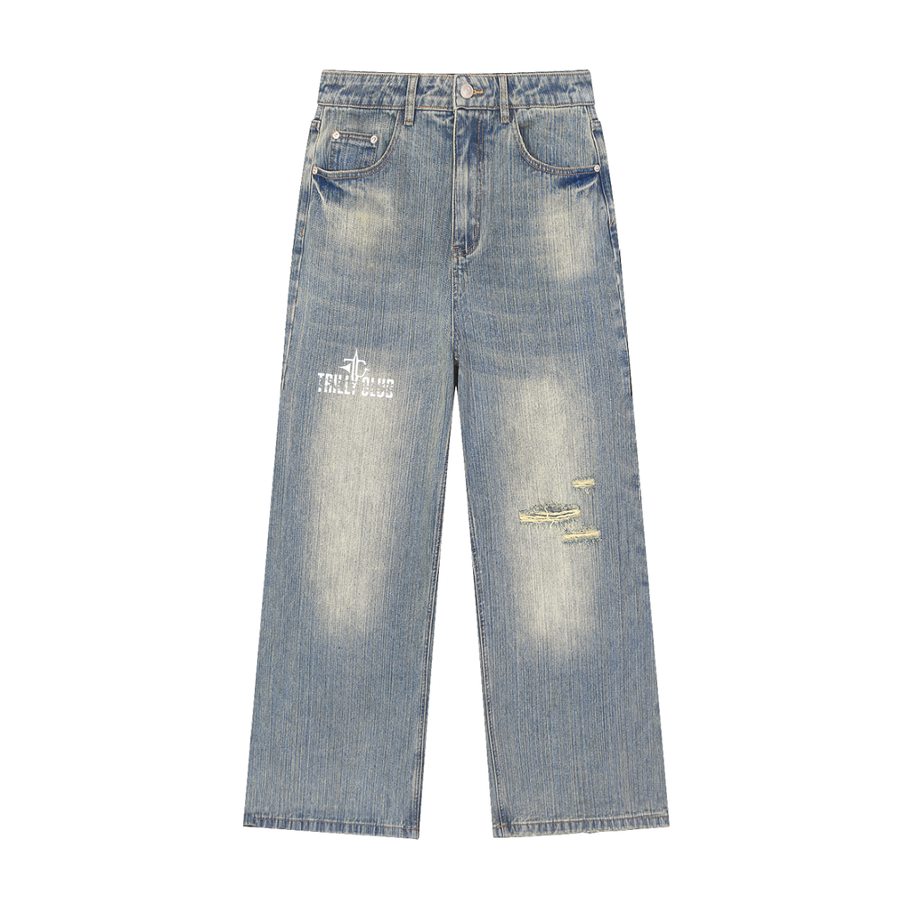 Vintage Wash Distressed Denim Jeans front view - TRILLY CLUB