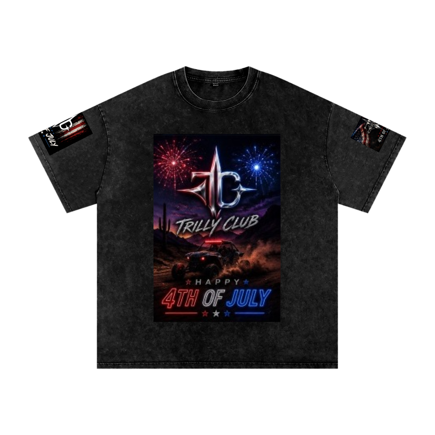 TRILLY CLUB 4th of July Desert Run fireworks snow-wash oversized graphic tee — front view