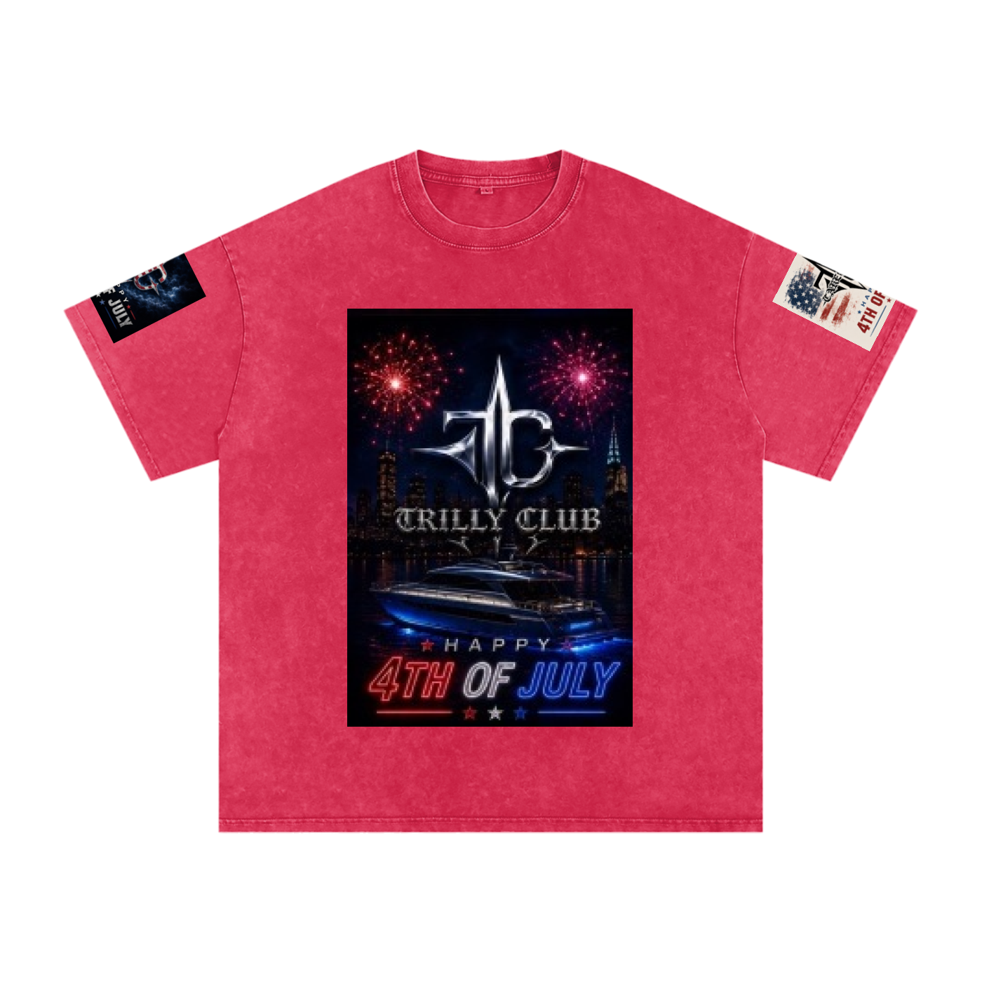 TRILLY CLUB 4th of July Harbor Lights fireworks snow-wash oversized tee — Dark Red colorway