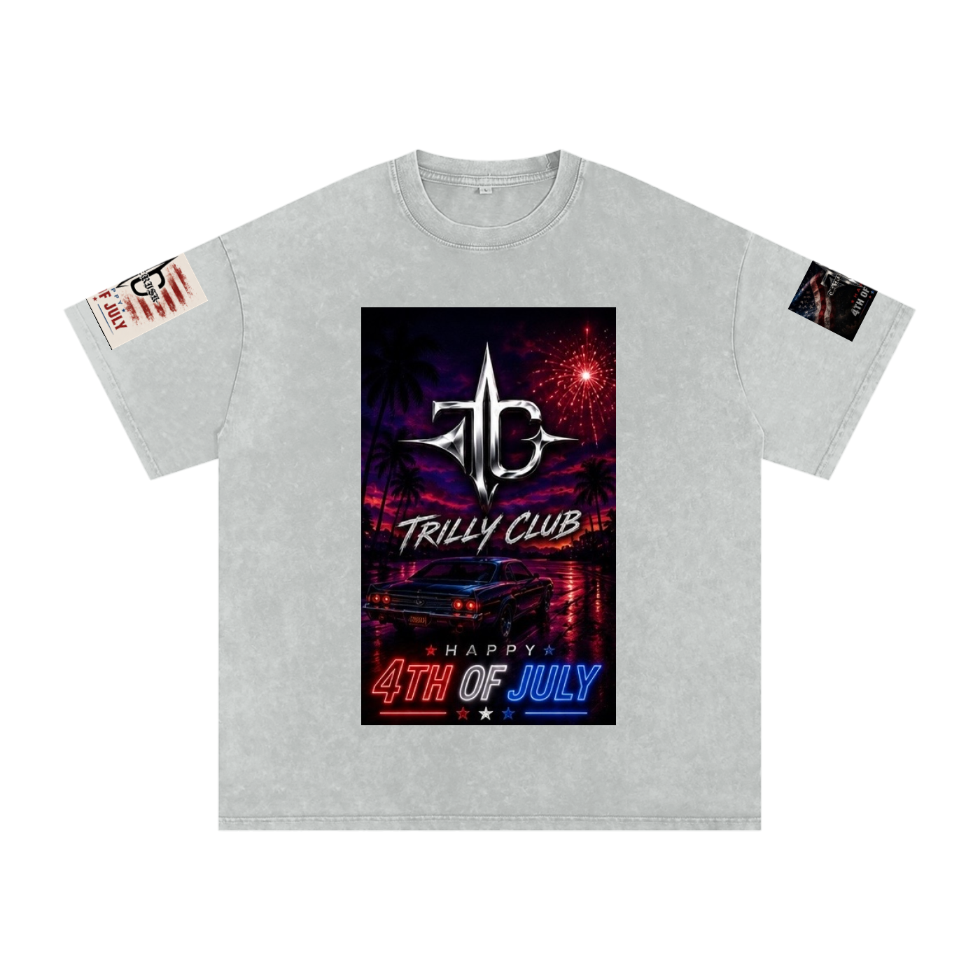 TRILLY CLUB 4th of July Sunset Strip fireworks snow-wash oversized graphic tee — print detail